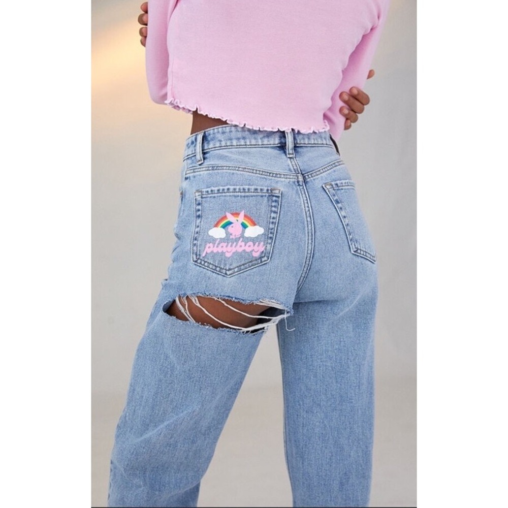 Pacsun Playboy 90s Boyfriend High Rise Ripped Butt Blue Jeans Painted Pocket 23